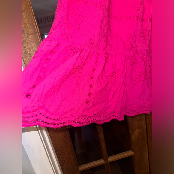 Loft Hot Pink Eyelet Ruffle Square Neck Midi Dress Size SP - Picture 6 of 13